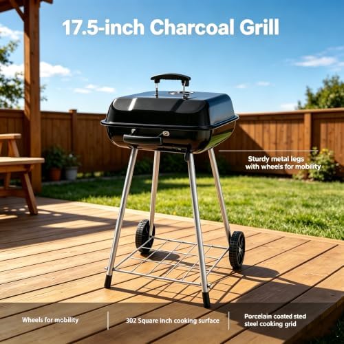 17.5 Inch Portable Charcoal Grill with Removable Ash Catcher, Durable Wheels, and Side Dampers for Effortless Cleanup - Image 6