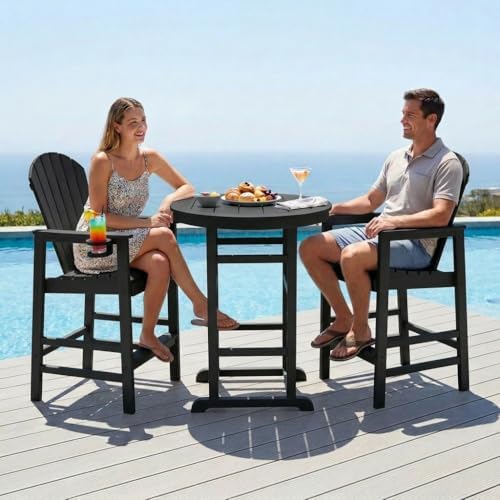 3-Piece HDPE Bar Height Table and Chairs Set, 31.1" Square High Top Pub Table with Umbrella Hole, 2 Adirondack Charis with Cup Holders, Outdoor Patio Dining Set for Bistro Backyard Deck Black - Image 4