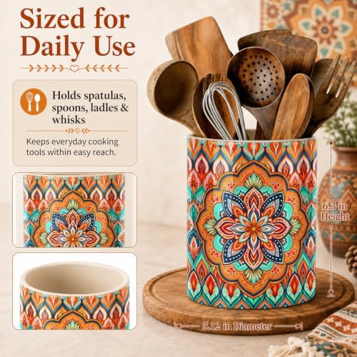 Orange Bohemian Kitchen Utensil Holder, Boho Style Ceramic Utensil Holder For Countertop Organizer, 6.3'' Winter Cooking Utensil Crocks Festivel Decor Utensil Storage Cup for Spatulas, Spoons - Image 5