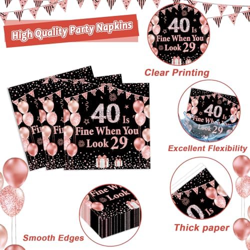 96PCS 40th Birthday Paper Plates and Napkins for 40 Is Fine When You Look 29 Themed Party Supplies Black Rose Gold Dinnerware Set for Women Cheers to Forty Birthday Gatherings Decorations - Image 4