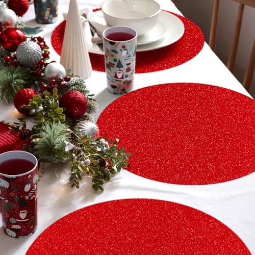 50 PCS Red Paper Placemats Round Place Mat Glitter Disposable Paper Charger Doilies Tablemats for Christmas Valentines Party Birthday Wedding Dinner Table Decor(13x13inch) - Image 5