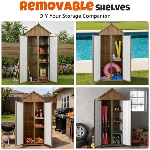 Outdoor Storage Cabinet with Shelves, Wood & Metal Storage Shed with Weatherproof Roof, 3 Removable Shelves, Double Lockable Doors, Adjustable Feet, Outside Storage Cabinet for Garage,Backyard, Patio - Image 4