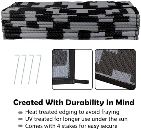 SAND MINE Waterproof Outdoor Rug 9x18 ft, Plastic Reversible Rug, Modern Area Rug, Large Floor Mat for Outdoors, RV, Patio, Backyard, Deck, Picnic, Beach, Camping, Black Grey Lattice - Image 4