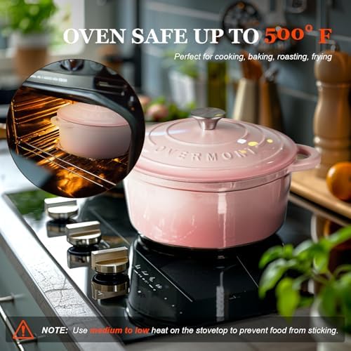 Overmont Enameled Cast Iron Dutch Oven - 4.5QT Pot with Lid Cookbook & Cotton Potholders - Heavy-Duty Cookware for Braising, Stews, Roasting, Sourdough Baking pink - Image 5