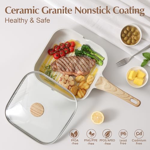 SENSARTE Nonstick Ceramic Grill Pan with Lid, Grill Pan for Stove Tops, Square Grilling Pan with Pour Spouts, Durable Grill Skillet for All Stoves, Steak Bacon Pan, Non Toxic PTFE,PFAS,PFOA Free - Image 2