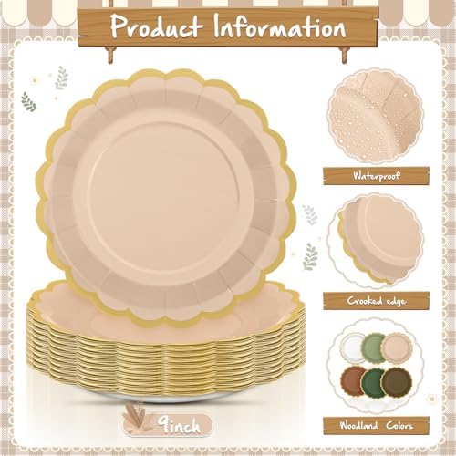 48 Pcs Woodland Green and Brown Paper Plates 9 Inch Gradient Scalloped Paper Disposable Dinner Dessert Plates for Birthday Wedding Bridal Party Supplies, 6 Colors - Image 3