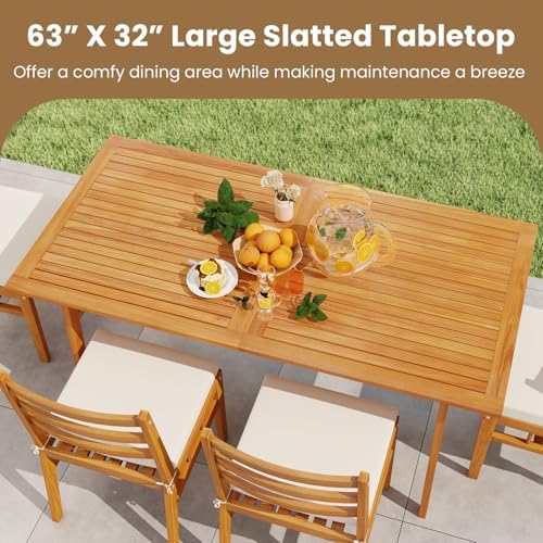 Tangkula 6 Pieces Patio Acacia Wood Dining Set, Outdoor Rectangular Table with 1.97” Umbrella Hole, Bench and Cushioned Chairs for 6, for Deck, Yard and Poolside - Image 3