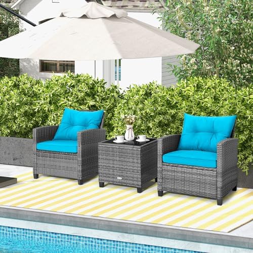 Tangkula 3 Pieces Patio Furniture Set, Outdoor PE Rattan Conversation Chair Set with Tempered Glass Side Table and Removable Cushions, PE Wicker Chairs and Table Set for Porch, Balcony and Garden - Image 2