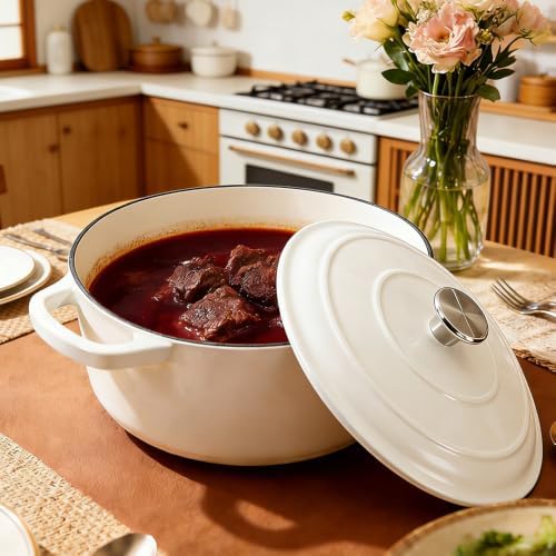 6 QT White Enameled Cast Iron Dutch Oven with Lid - Image 5