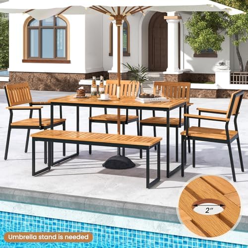 Tangkula 6 Pieces Outdoor Acacia Wood Dining Set, Patio Table and Chairs Set with Bench for 6-7 People, Outdoor Dining Furniture Set with 2" Umbrella Hole for Garden, Backyard and Poolside - Image 2