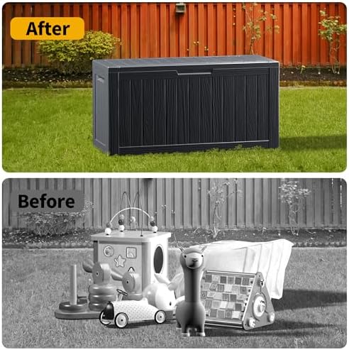 ROJIK Outdoor Storage Housing Deck Box - Waterproof Patio Furniture, Garden Tools, Cushions, Pool Accessories Storage Bench with Lockable Lid and Side Handles (Black 80 Gal) - Image 6