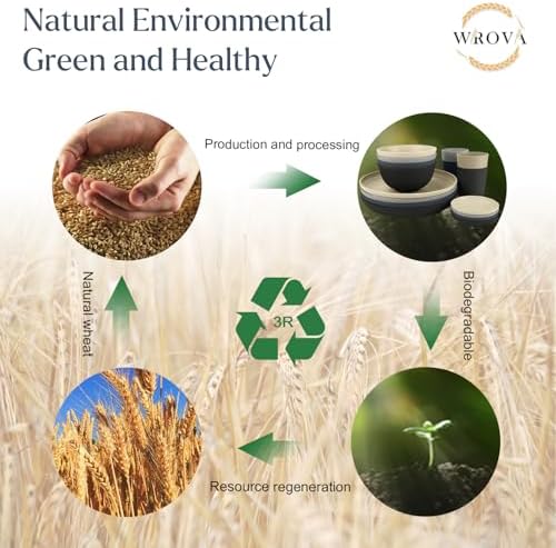 Wrova Wheat straw plates and bowls sets of 16 - Unbreakable wheat straw dinnerware sets for camping - Dishwasher safe and Freezer safe Dishes. Black & Grey - Image 7