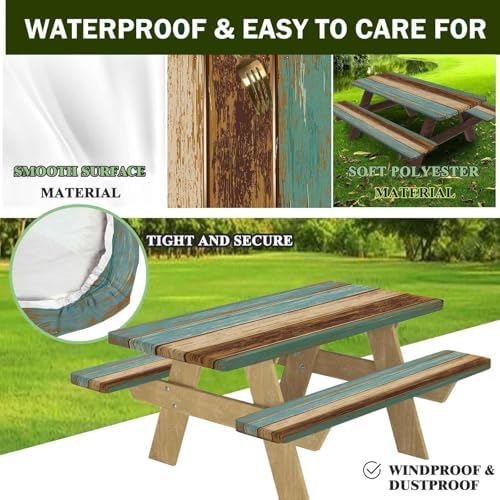 CAPSCEOLL Picnic Table Cover with Bench Covers 6ft - Blue Brown Wood - Image 3