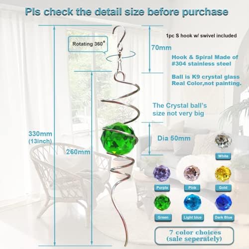 Fonmy Gazing Ball Spiral Tail -Decorative Wind Spinner Sun Catcher Rainbow Maker 11 inch Tail and 2 inch Green Crystal Orb. Indoor Outdoor Garden Decoration -13 inch Height - Image 5