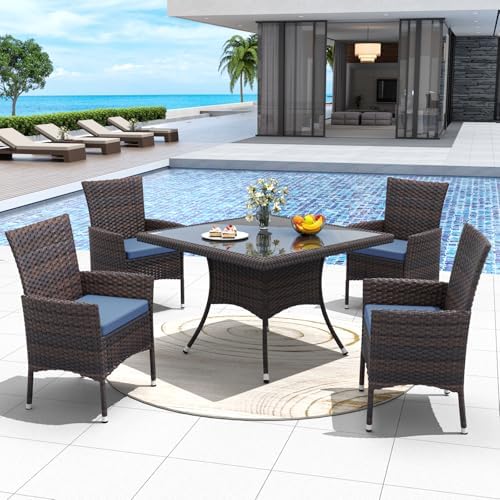 ALAULM 5 Piece Patio Dining Set All-Weather Wicker Outdoor Furniture Set w/Tempered Glass Tabletop, Removable Cushions and Umbrella Hole for Patio, Backyard, Garden, Poolside（Navy） - Image 3