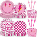 96 Pcs Pink Smile Face Party Decorations: Pink Cheetah Plates and Napkins, Checked Paper Plates, Smile Face Leopard Disposable Tableware for Girls Women Bridal Shower Supplies by Oitnlaughter