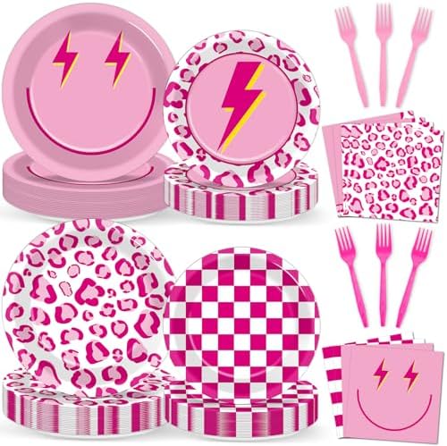 96 Pcs Pink Smile Face Party Decorations: Pink Cheetah Plates and Napkins, Checked Paper Plates, Smile Face Leopard Disposable Tableware for Girls Women Bridal Shower Supplies by Oitnlaughter
