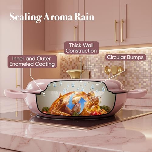 3 Quart Enameled Cast Iron Braiser, Non Stick Enameled Cast Iron Skillet with Lid, Dutch Oven Skillet with lid up to 500°F for Oven, Stove, Grill, Shallow Dutch Oven for Cook, Bake (Pink) - Image 6