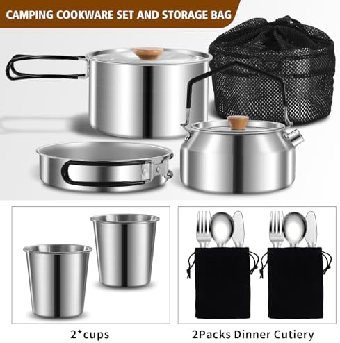 12pcs Outdoor Camping Cookware Kit, Lightweight Stainless Steel Kettle, Non-Stick Pot and pan, with Fork Spoon Kits Suitable for picnics and Backpacking Trips - Image 2