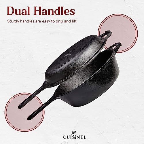 Cuisinel Cast Iron Skillet + Lid - 2-In-1 Multi Cooker - Deep Pot + Frying Pan - 3-Qt Dutch Oven - Pre-Seasoned Oven Cookware - Works for Bread, Indoor/Outdoor, Grill, Stovetop and Induction - Image 3