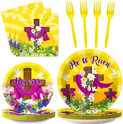 Wiooffen 96 Pcs Easter Tableware Set He is Risen Plates Happy Easter Party Plates Easter Religious Plates and Napkins Paper Plates Napkins Forks for 24 Guests by Wiooffen