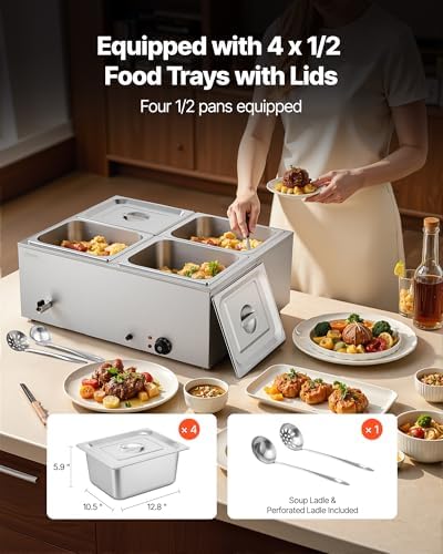 VEVOR Commercial Food Warmer, 1500W Electric Stainless Steel Steam Food Warmer with Lid, 4-Pan Fast Heating Countertop Buffet Bain Marie with Soup & Perforated Ladles, for Catering, Restaurant, Party - Image 3