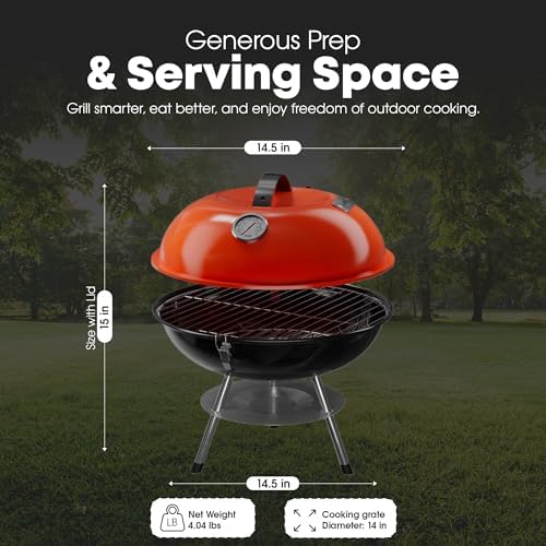 GasOne 14-inch Portable Charcoal Barbecue Grill with Thermometer – Red - Image 4