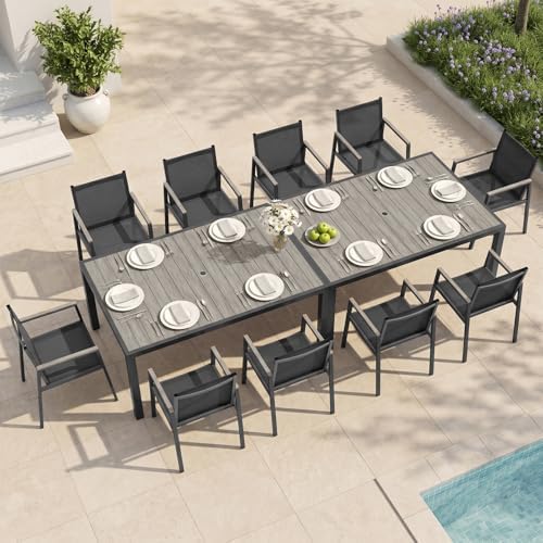 Outdoor Dining Set for 10, Aluminum Patio Table and Chairs Set, 12-Piece All Weather Patio Dining Furniture Set with Umbrella Hole for Backyard, Deck, Poolside (Gray) by Oasbira