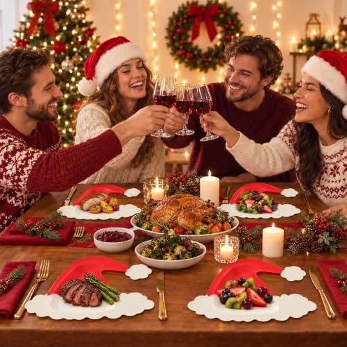 FOIMAS 50pcs Christmas Paper Plates, Red Christmas Hat Paper Plates Santa Disposable Tableware Party Plate For Dessert Xmas Party Supplies Winter Holiday Birthday Kitchen Table Decoration - Image 6