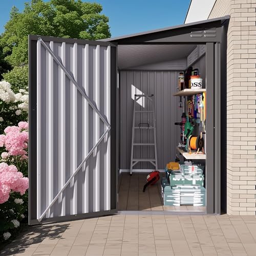 YOPTO 4x9 FT Outdoor Storage Shed,Lean to Metal Shed W/Window,All Weather Waterproof Garden Storage Shed W/ 6 Air Vents & 1 Lockable Door,Weatherproof Tool House W/Sloped Roof,for Lawn,Gray - Image 2