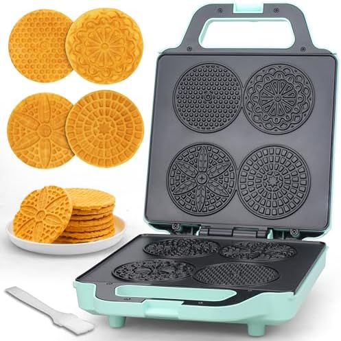 Baker’s Friend Pizzelle Maker Electric, 4 X 3.5” Pizzelle Waffle Cookies for Christmas Baking Supplies, Stroopwafel Iron, Cookie Maker Machine with Pattern, Thin Waffle Maker, Aqua by Baker%27s+Friend