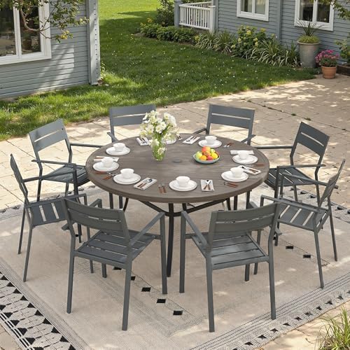 Outdoor Dining Table for 8, 53" Round Outdoor Table with Adjustable Umbrella Hole, All-Weather Metal Patio Dining Table for Lawn Garden Backyard Deck, Grey - Image 4