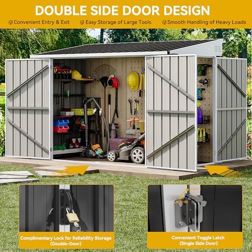 DWVO 7x4 FT 3-Door Storage Shed, Lockable Metal for Bike - Dark Gray - Image 4