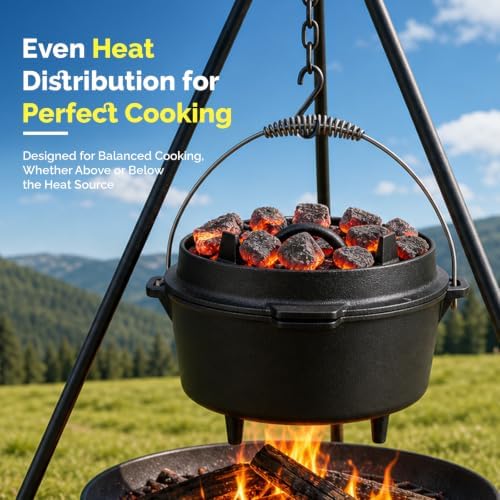ROVSUN 7.9 QT Cast Iron Dutch Oven with Lid, Pre-Seasoned Camping Pot for Campfire Grill & Oven, 2-in-1 Skillet Lid + Lid Lifter Hook, Outdoor Cast Iron Camping Cookware for 6-8 People - Image 2