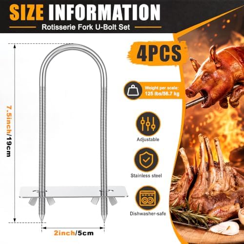 4 Pcs Steel Rotisserie Fork U Bolt Adjustable Spit Rod, 7.5" L - Image 2