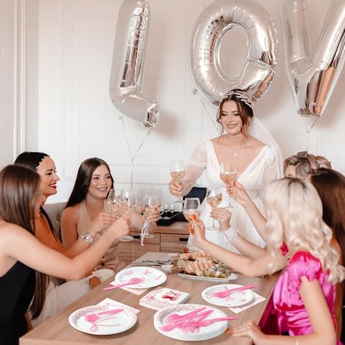 96Pcs Pink Bow Coquette Cute Party Plates Supplies - Party Tableware Decorations Disposable Paper Plates Napkins Forks for Birthday Bachelorette Bridal Engagement, Serves 24 - Image 6
