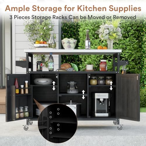 Zevemomo Outdoor Grill Cart with Storage, Lockable Casters, Black - Image 5