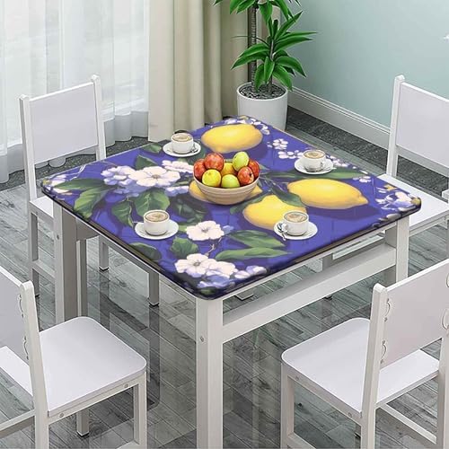 Square Tablecloth, Lemon and Tile Pattern Printed on Polyester Square Fitted Table Cover Elastic Tablecloth, Perfect for Meals Coffee Guest Dinners, Fit for 32" x 32" Square Tables - Image 2