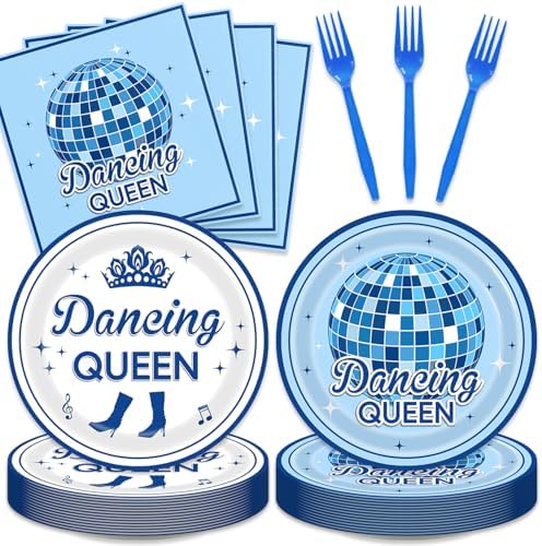 Dancing Queen Party Decorations 48Pcs Retro 70s Tableware Set Disco Plates and Napkins Forks Supplies Serves 16 Blue Disco Ball Birthday Bachelorette Party Decorations by Unknown