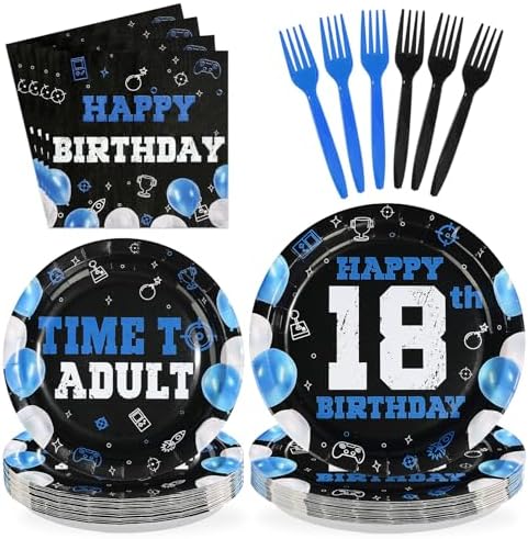 96Pcs Blue and Black 18th Birthday Decorations for Boys Serves 24 by Greencian