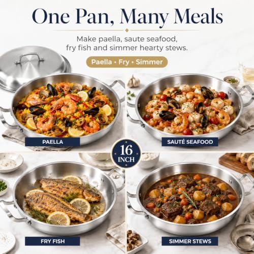 DELARLO 16 Inch Stainless Steel Paella Pan with Lid, 5-Ply Fully Clad,Jumbo Frying Pan for 12-14 Servings, PFOA & PTFE Free Skillet for Gas Stove, Great for Paella Parties Indoors Outdoors - Image 6