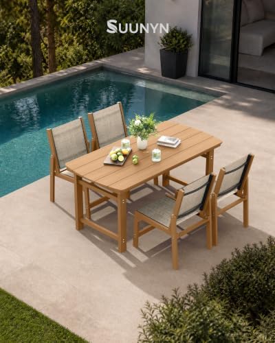 HDPE Outdoor Dining Set, Patio Table and 4 Stackable Armless Chairs, Teak - Image 3