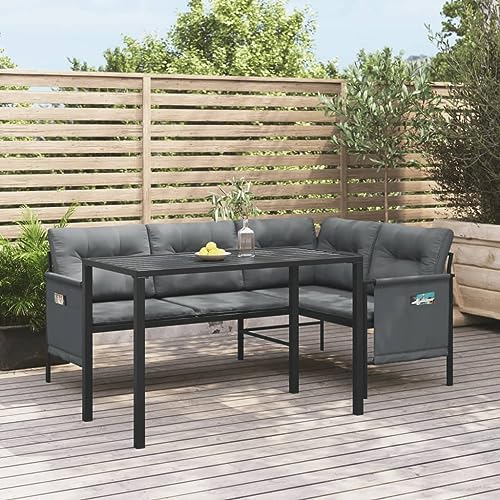 Anthracite Steel Outdoor Furniture Garden Dining Set with Fabric Cushions, Compact Patio Conversation Table and Sofa Lounge for Two People by Unknown
