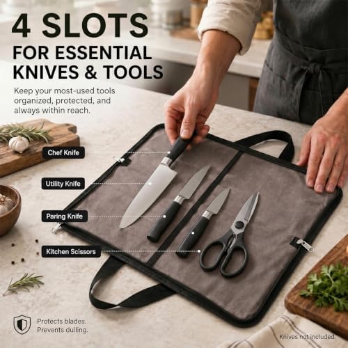 4 Slots Chefs Knife Roll Bag Cutlery Storage Case Mens Travel Grey - Image 4
