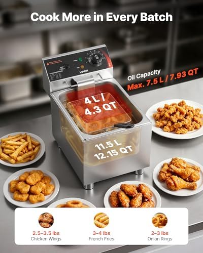 VEVOR Commercial Deep Fryer, Stainless Steel Countertop Fryer with Baskets & Lids, Temp Control, Overheat Protection, for Commercial Restaurant, Single Fryer-12Qt - Image 2