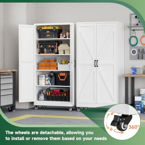 Letaya Metal Garage Storage Cabinet with Wheels,75" White Tool Steel Locker - Image 4