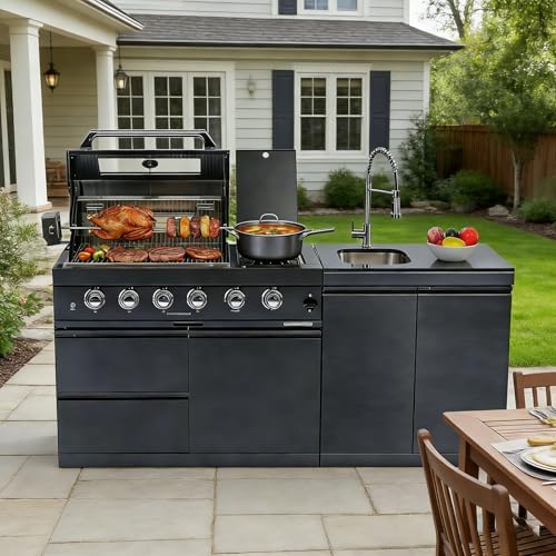 79" Rolling Outdoor Kitchen Island with Built-In 4-Burner 72,000 BTU Stainless Steel Propane Grill & Rotisserie Oven, Featuring Granite Countertops and Stainless Steel Sink.(Black + Sink, Propane Gas) by INOTEVERITORY
