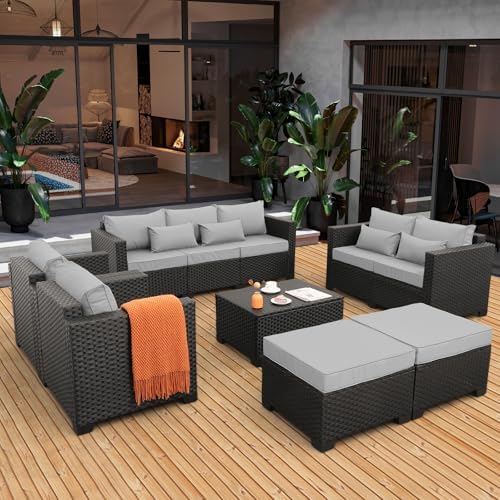 Rattaner Patio Furniture Sets 7 Pieces Outdoor Furniture Sectional Patio Couches Set with Storage Table Light Grey Cushions - Image 3