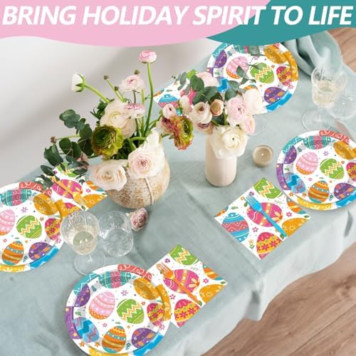 100 Pcs Easter Egg Tableware Party Supplies Set, Serves 25 – Disposable Colorful Eggs Paper Plates, Napkins, and Forks for Spring Celebration, Easter Day Egg Hunt, or Holiday Brunch Decorations - Image 6