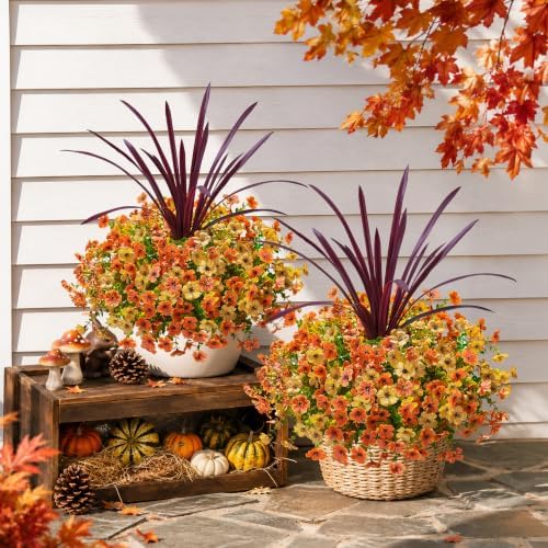 Fall Flowers Artificial Mums for Outdoors Autumn Decor, 12 Bundles Fake Fall Mums with 1 pcs Burgundy Orchid Leaf UV Resistant Realistic Faux Plants for Outside Home Porch Patio Planter, Orange Yellow - Image 3